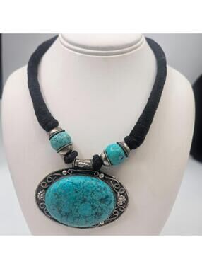 Tribal Indian Necklace Large Faux Turquoise Pendant Black Cord Boho Statement